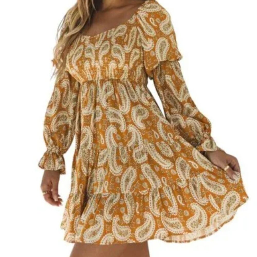 Yellow Sunny Bohemian Bliss: Paisley Long Sleeve Floral Dress